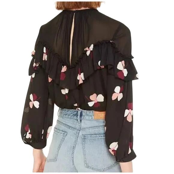 Kate Spade Live Colorfully Black Dusk Buds Ruffle Flowy Blouse Size XL - Picture 4 of 16